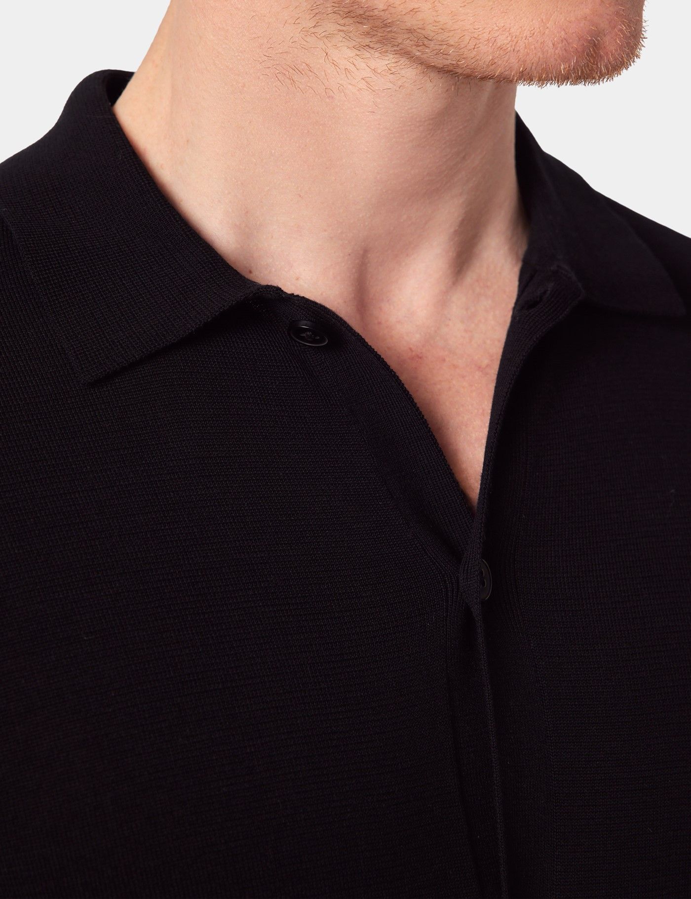 Slim Fit Black Button Through Knitted Polo Shirt - Long Sleeve-preview