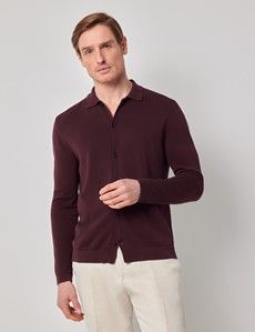 Burgundy Button Through Knitted Cotton Polo Shirt – Long Sleeve