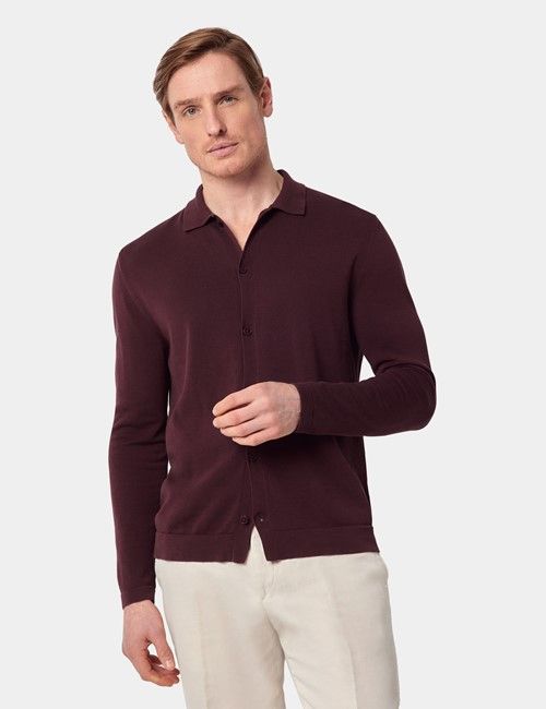 Burgundy Button Through Knitted Cotton Polo Shirt – Long Sleeve
