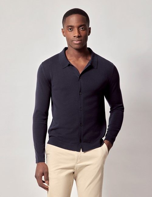 Midnight Blue Button Through Knitted Cotton Polo Shirt – Long Sleeve