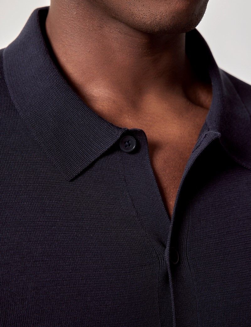 Slim Fit Midnight Blue Button Through Knitted Polo Shirt - Long Sleeve-preview