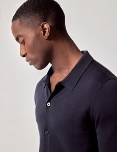 Slim Fit Midnight Blue Button Through Knitted Polo Shirt - Long Sleeve