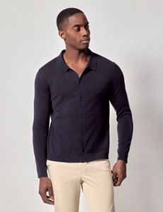 Slim Fit Midnight Blue Button Through Knitted Polo Shirt - Long Sleeve