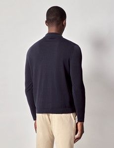 Slim Fit Midnight Blue Button Through Knitted Polo Shirt - Long Sleeve