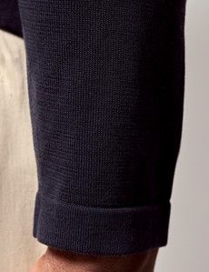 Slim Fit Midnight Blue Button Through Knitted Polo Shirt - Long Sleeve