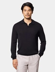 Black Premium Knitted Polo Shirt - Long Sleeve