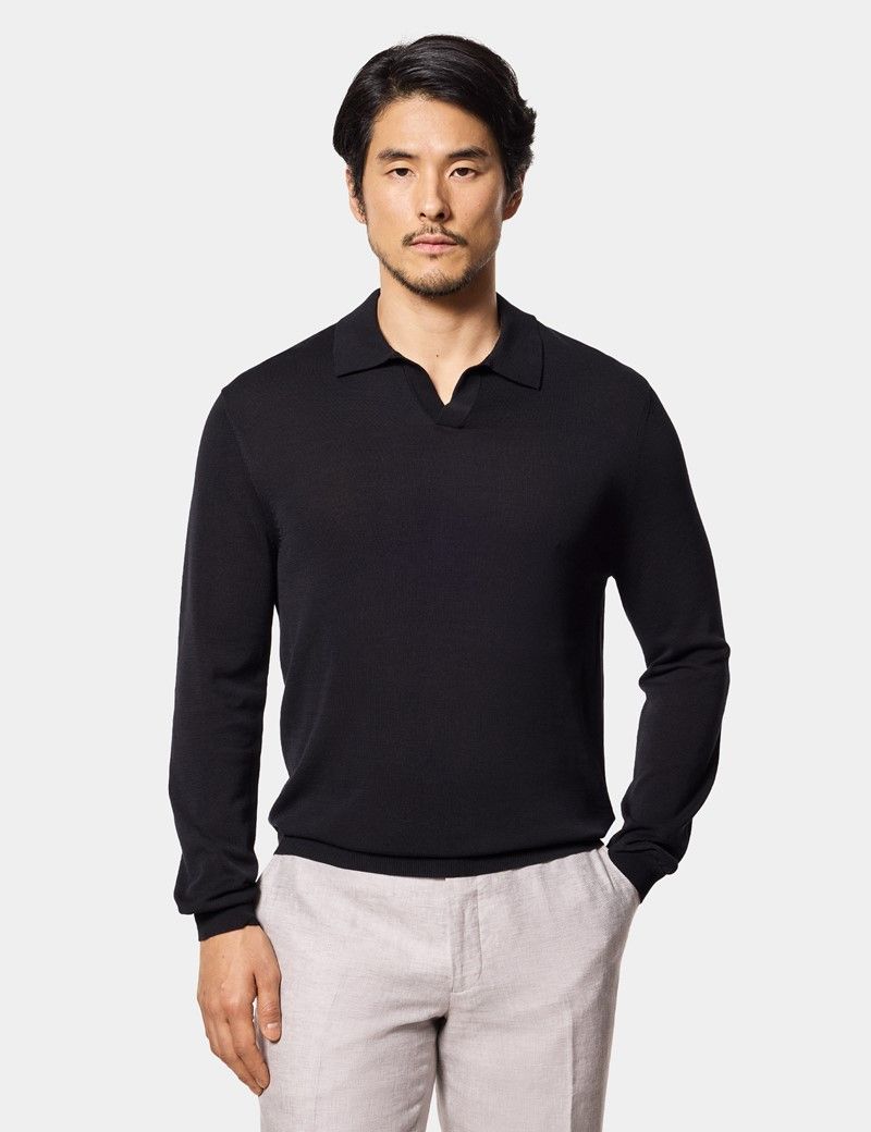 Black Premium Knitted Polo Shirt - Long Sleeve