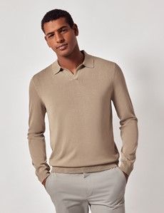 Taupe Open Collar Knitted Cotton Polo Shirt – Long Sleeve