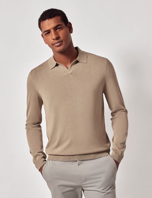 Taupe Open Collar Knitted Cotton Polo Shirt – Long Sleeve