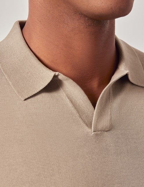 Taupe Open Collar Knitted Cotton Polo Shirt – Long Sleeve-preview