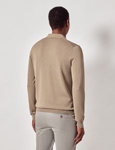 Taupe Open Collar Knitted Cotton Polo Shirt – Long Sleeve-preview2
