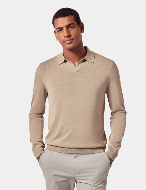 Taupe Open Collar Knitted Cotton Polo Shirt – Long Sleeve