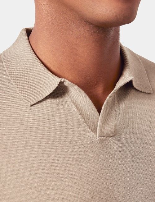 Taupe Open Collar Knitted Cotton Polo Shirt – Long Sleeve-preview