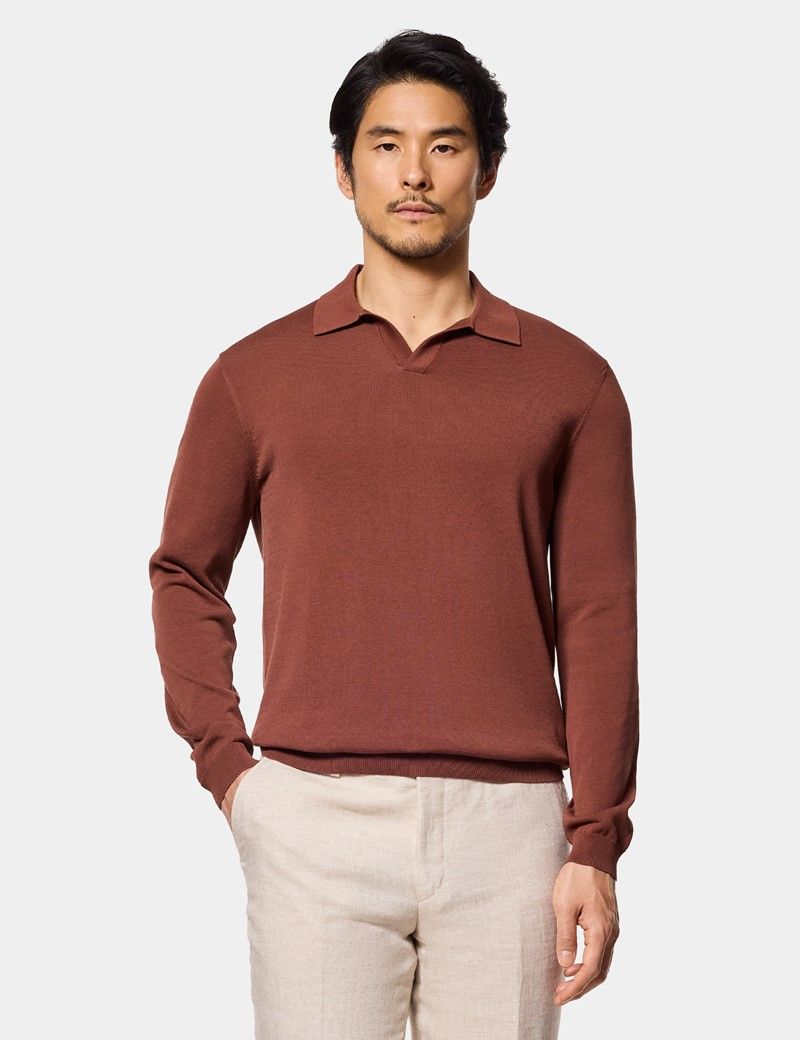 Tobacco Premium Knitted Polo Shirt - Long Sleeve