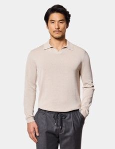 Light Taupe Premium Knitted Polo Shirt - Long Sleeve