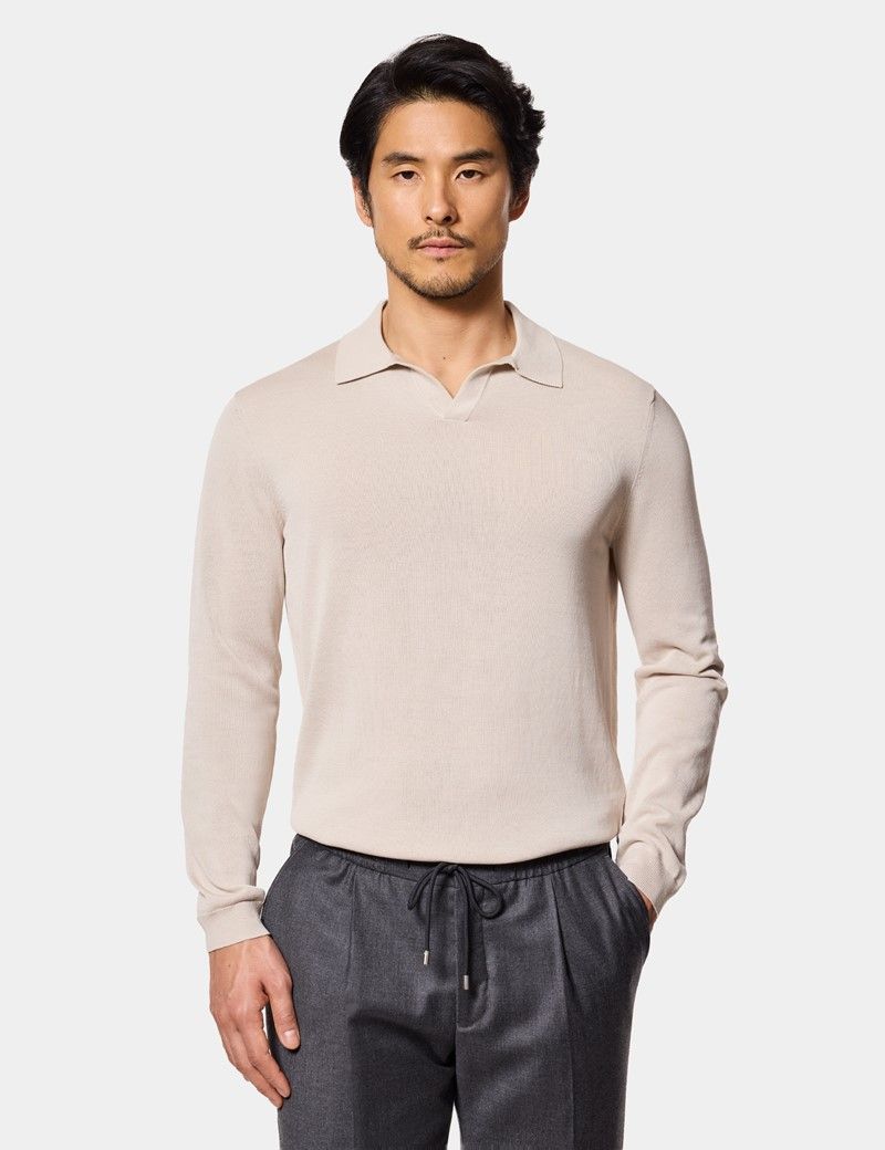 Light Taupe Premium Knitted Polo Shirt - Long Sleeve