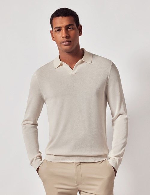 Cream Open Collar Knitted Cotton Polo Shirt – Long Sleeve