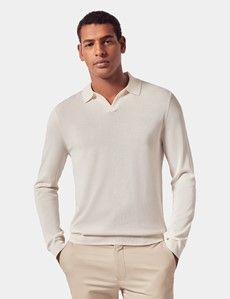 Slim Fit Cream Open Collar Knitted Polo Shirt - Long Sleeve