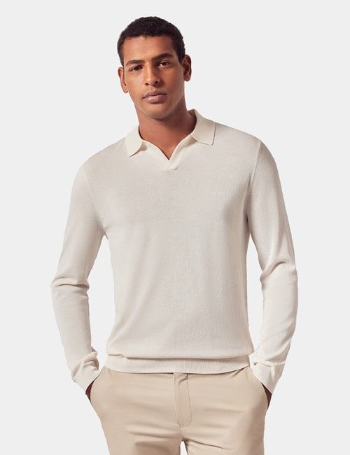 Cream Open Collar Knitted Cotton Polo Shirt – Long Sleeve