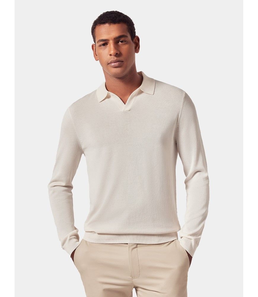 トップス Jcaeser Studios open collar knit polo Men's Pale Blue Open Collar Knitted Cotton Polo Shirt – Long
