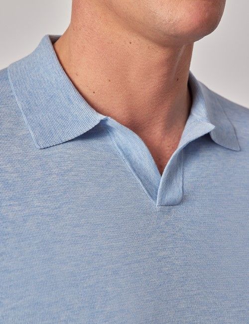 Pale Blue Open Collar Knitted Cotton Polo Shirt – Long Sleeve-preview