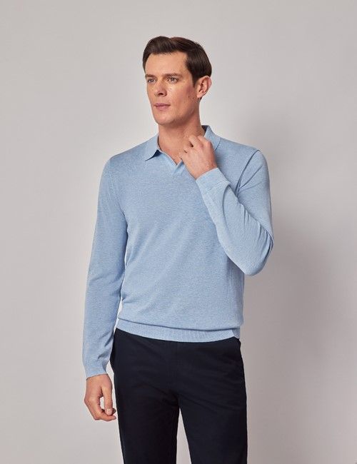 Pale Blue Open Collar Knitted Cotton Polo Shirt – Long Sleeve