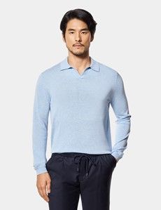 Pale Blue Premium Knitted Polo Shirt - Long Sleeve
