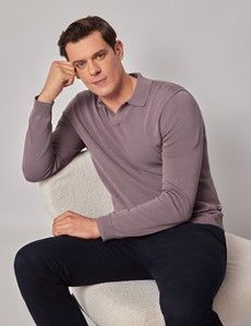 Dusty Lilac Open Collar Knitted Cotton Polo Shirt – Long Sleeve-preview4