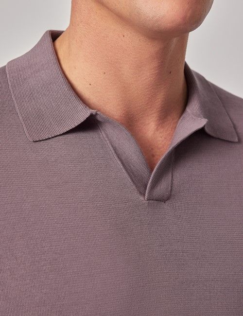Dusty Lilac Open Collar Knitted Cotton Polo Shirt – Long Sleeve-preview