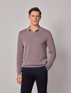 Dusty Lilac Open Collar Knitted Cotton Polo Shirt – Long Sleeve