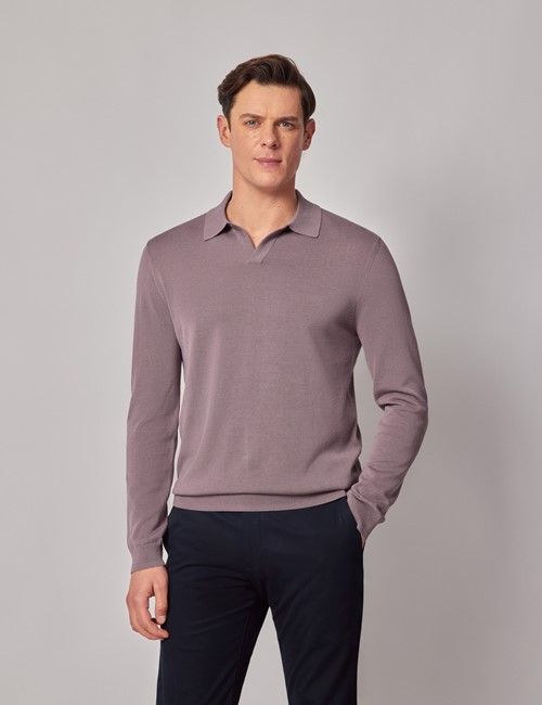 Dusty Lilac Open Collar Knitted Cotton Polo Shirt – Long Sleeve