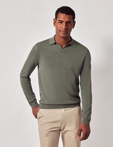 Dark Sage Open Collar Knitted Cotton Polo Shirt – Long Sleeve