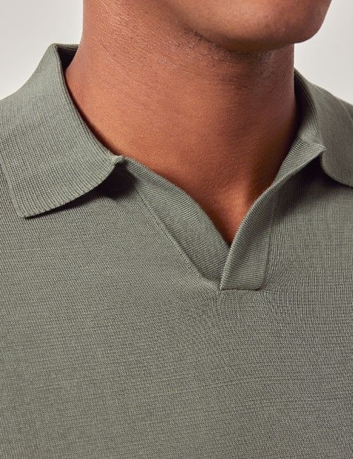Dark Sage Open Collar Knitted Cotton Polo Shirt – Long Sleeve-preview