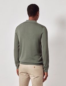 Dark Sage Open Collar Knitted Cotton Polo Shirt – Long Sleeve-preview2