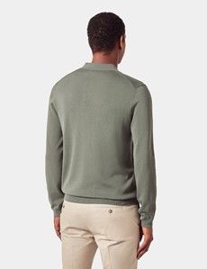 Dark Sage Open Collar Knitted Cotton Polo Shirt – Long Sleeve-preview3
