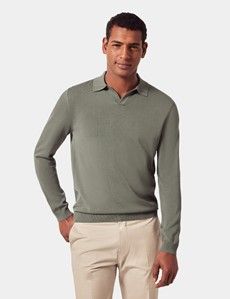 Dark Sage Open Collar Knitted Cotton Polo Shirt – Long Sleeve