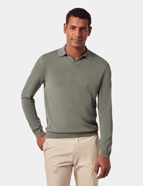 Dark Sage Open Collar Knitted Cotton Polo Shirt – Long Sleeve