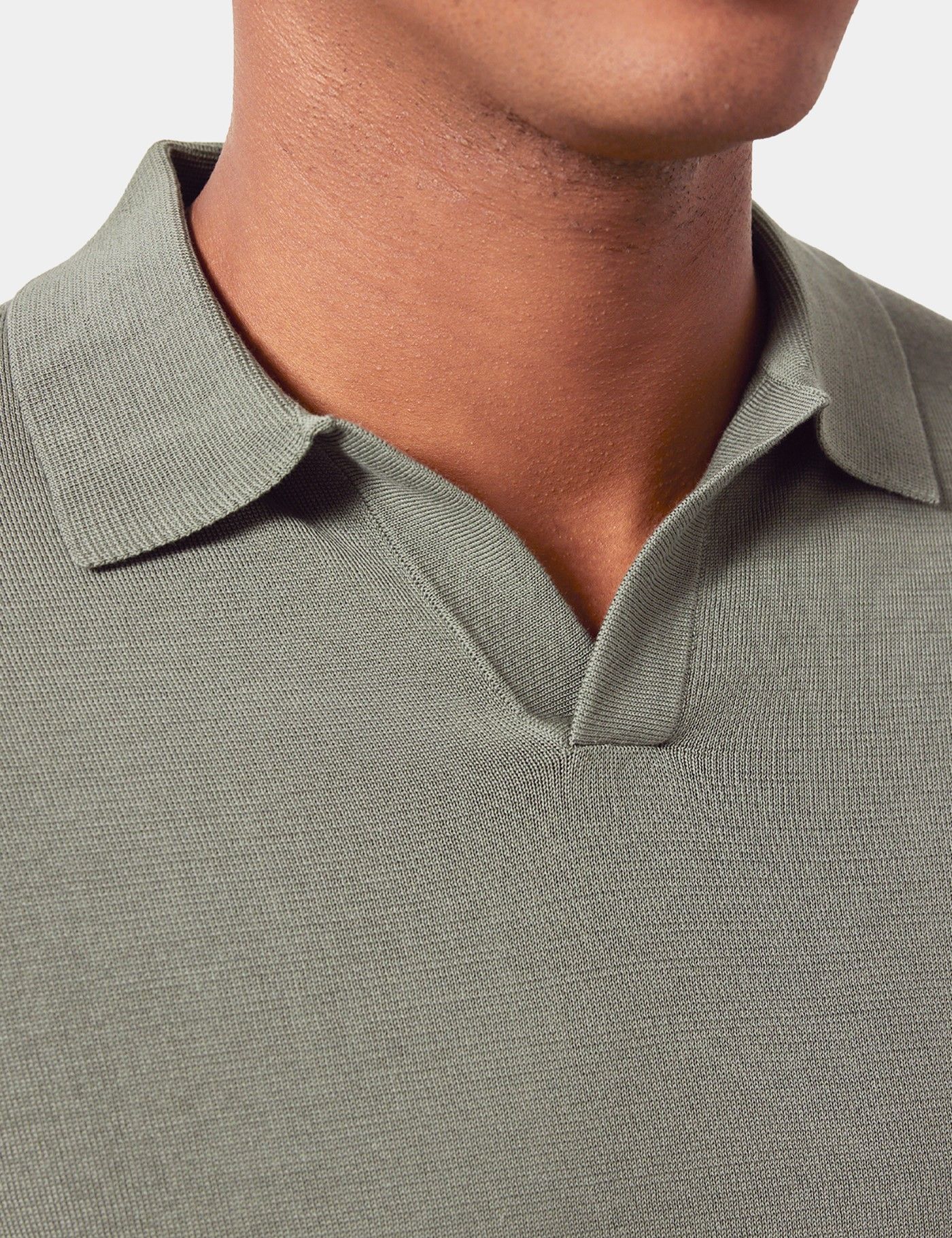 Slim Fit Dark Sage Open Collar Knitted Polo Shirt - Long Sleeve-preview