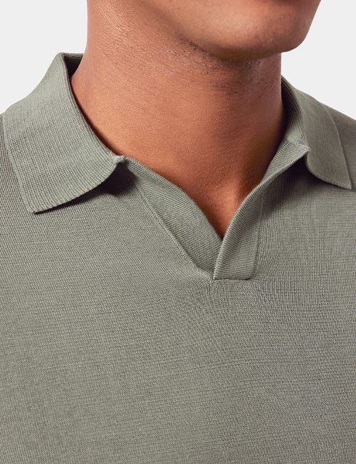 Dark Sage Open Collar Knitted Cotton Polo Shirt – Long Sleeve-preview