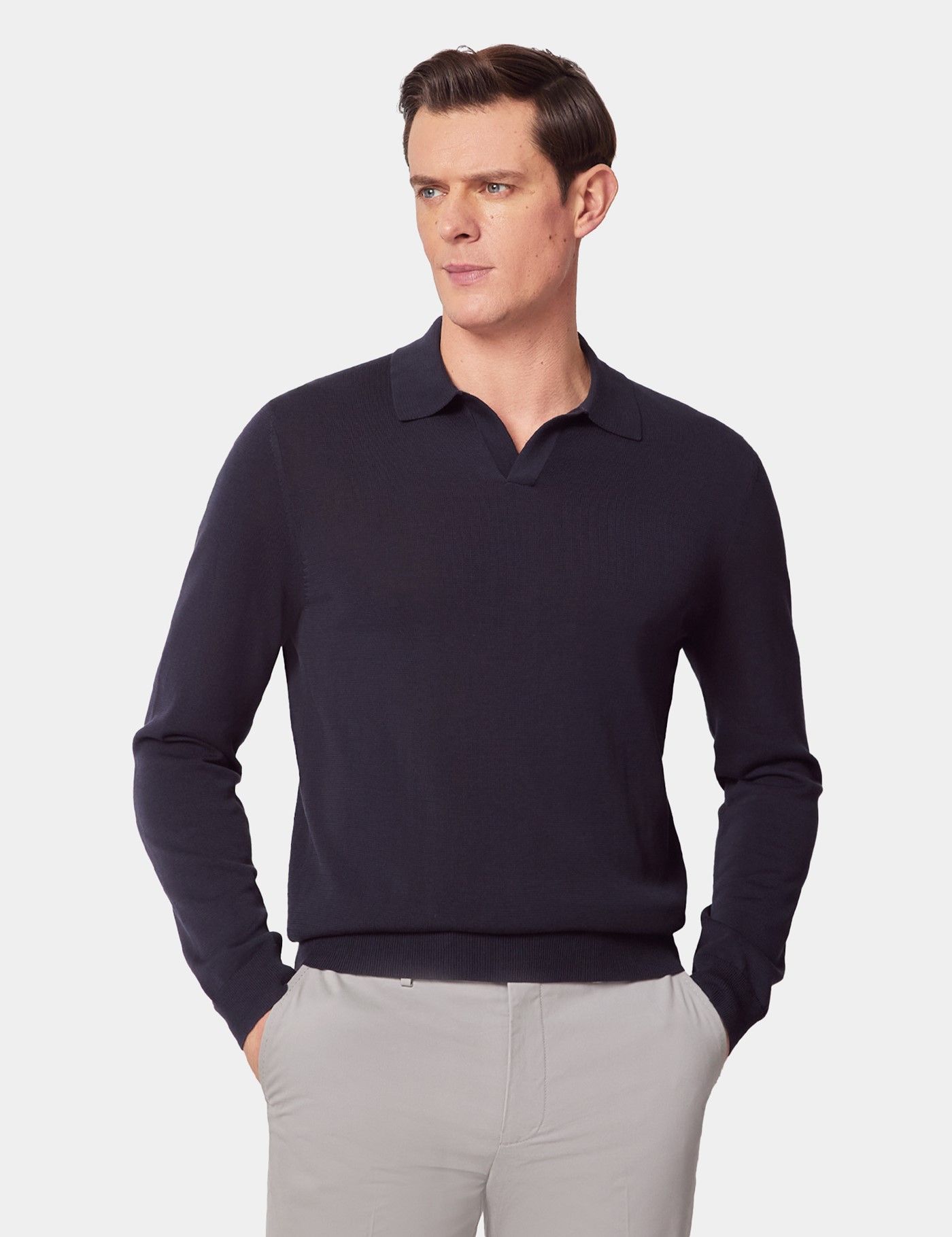 Slim Fit Midnight Blue Open Collar Knitted Polo Shirt - Long Sleeve