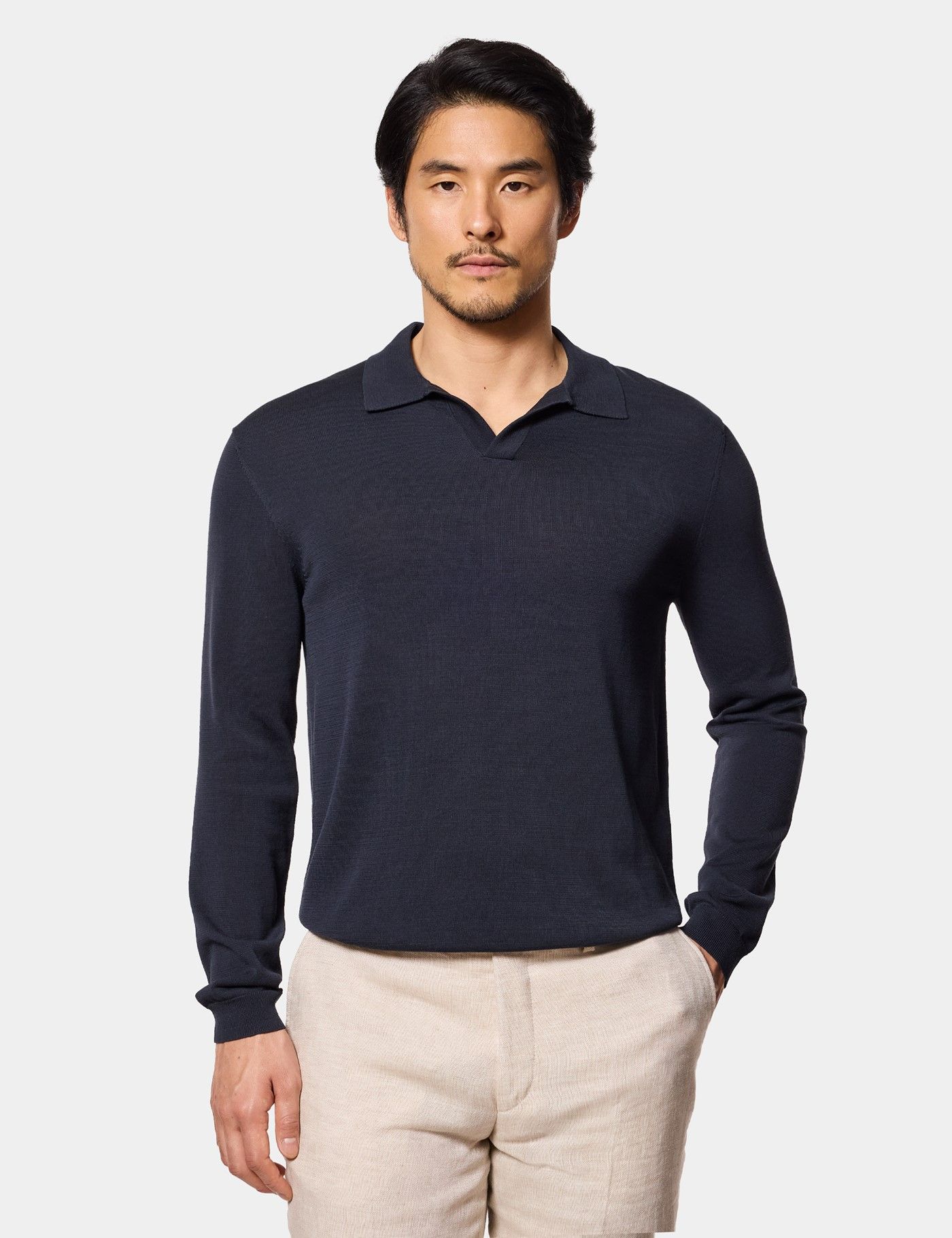 Men's Midnight Navy Open Collar Knitted Cotton Polo Shirt – Long