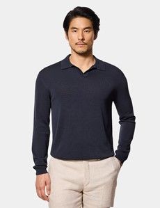 Midnight Navy Premium Knitted Polo Shirt - Long Sleeve