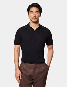 Black Premium Cable Knit Polo Shirt – Short Sleeve