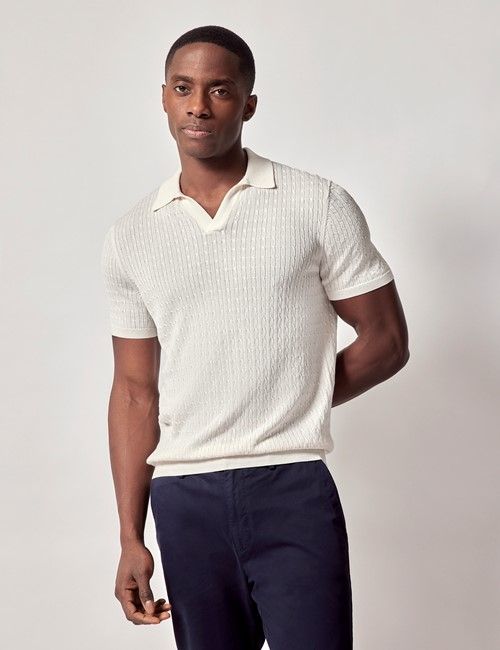 Cream Open Collar Cable Knitted Cotton Polo Shirt – Short Sleeve