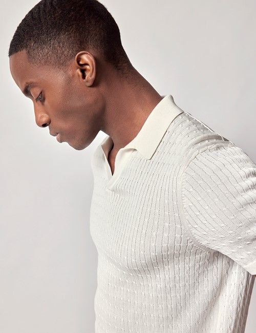 Cream Open Collar Cable Knitted Cotton Polo Shirt – Short Sleeve-preview