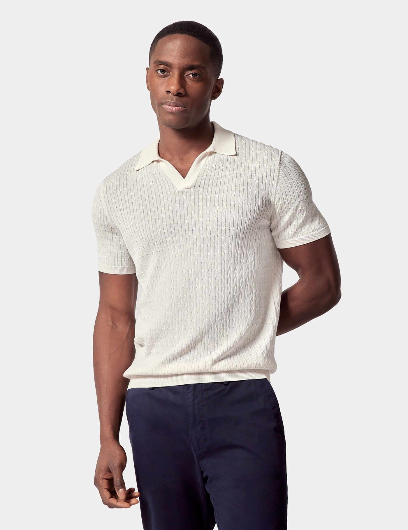 Slim Fit Cream Open Collar Cable Knitted Polo Shirt