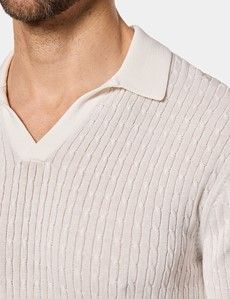 Cream Premium Cable Knit Polo Shirt – Short Sleeve