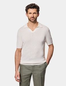 Cream Premium Cable Knit Polo Shirt – Short Sleeve