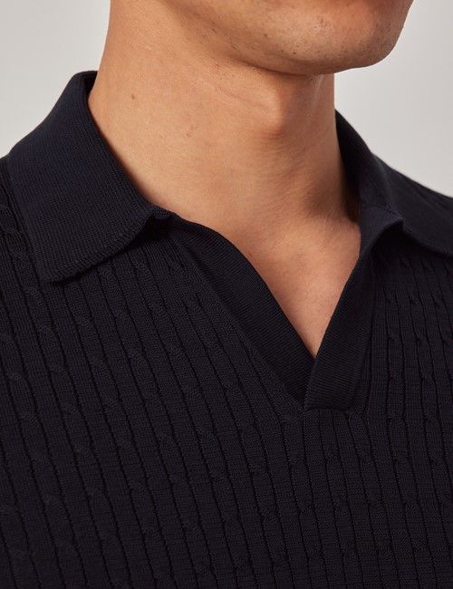 Midnight Navy Open Collar Cable Knitted Cotton Polo Shirt – Short Sleeve-preview