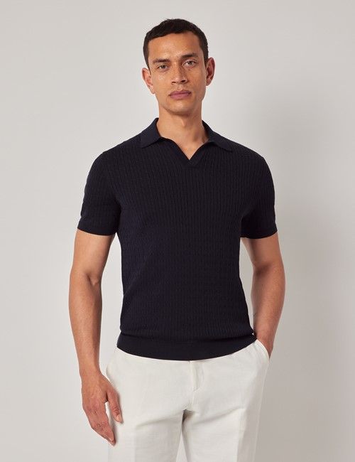 Midnight Navy Open Collar Cable Knitted Cotton Polo Shirt – Short Sleeve